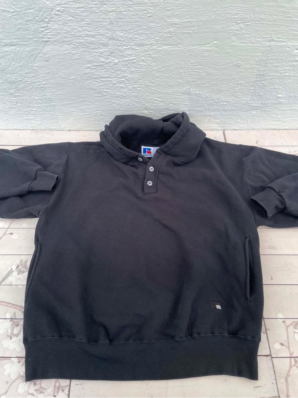 Russell Athletic Black Crewneck Pullover with Button Collar